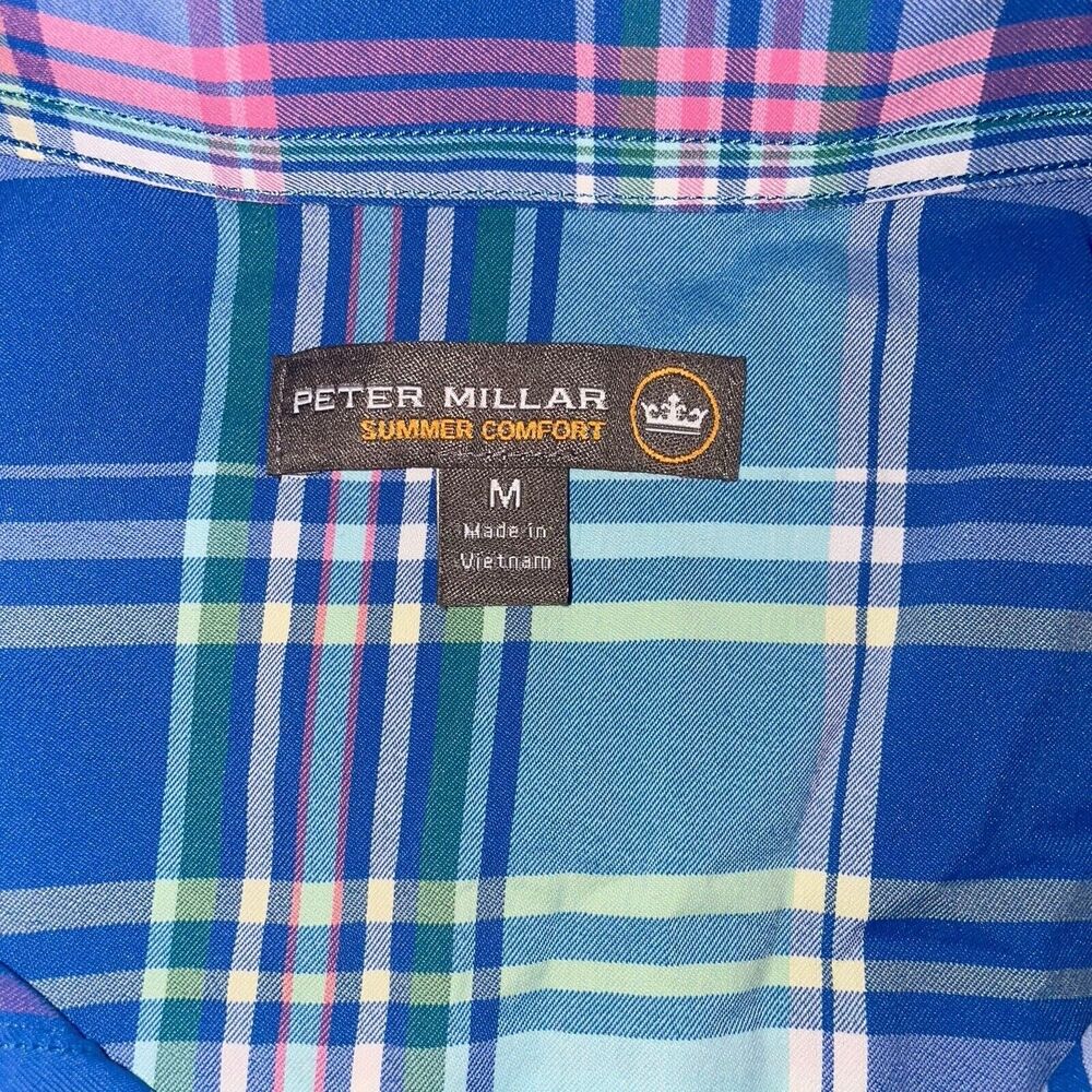 Peter Millar Mens Button Down Summer Comfort Plaid Blue Pink Performance Shirt - Picture 4 of 9